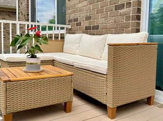 FREE DELIVERY- Large 75” Outdoor Tan Wicker Sectional Set & Pillows & Cushions Set