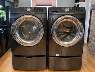 Samsung Black Stainless Front Load Washer & Gas Dryer Set | Black Stainless | Matching Pedestals