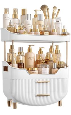 Brand New 4-Tier Makeup Organizer with 2 Drawers – White & Gold