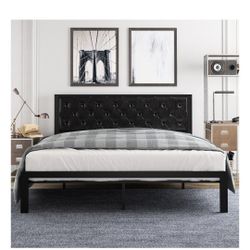 Amolife King Size Metal Bed Frame With Faux Leather Upholstered Headboard, Black