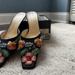 Giuseppe Zanotti black satin floral beaded kitten heel mules.  - Size 11