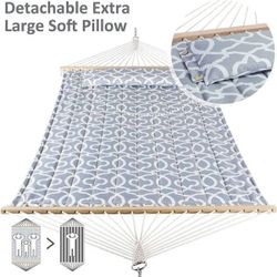 12 ft. Double Tree Hammock with Hardwood Spreader Bar, Extra Large Soft Pillow (Grey Pattern)