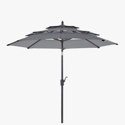 BLUU Deep Grey 9 FT 3 Tier Patio Umbrella with 8 Strudy Ribs & Push Button Tilt for Lawn, Deck, Backyard & Pool
