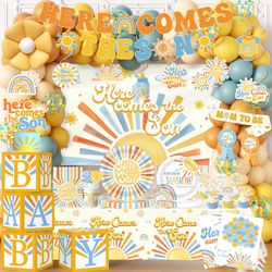 Here Comes The Son Baby Shower Decor For Boy, All-In-1 Boho Retro Sunshine Baby Shower Decorations With Balloon Arch Baby Boxes Rainbow Plates Napkins