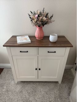 Like New Farmhouse Storage Cabinet | White & Walnut Finish