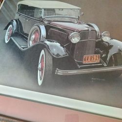 LITHOGRAPH BY POPULAR ANTIQUE CAR ARTIST BOB DIRECTOR 1932 PHEATON... SIGNED TITLED AND NUMBERED IN ANTIQUE VINTAGE FRAME WITH GLASS COVER 