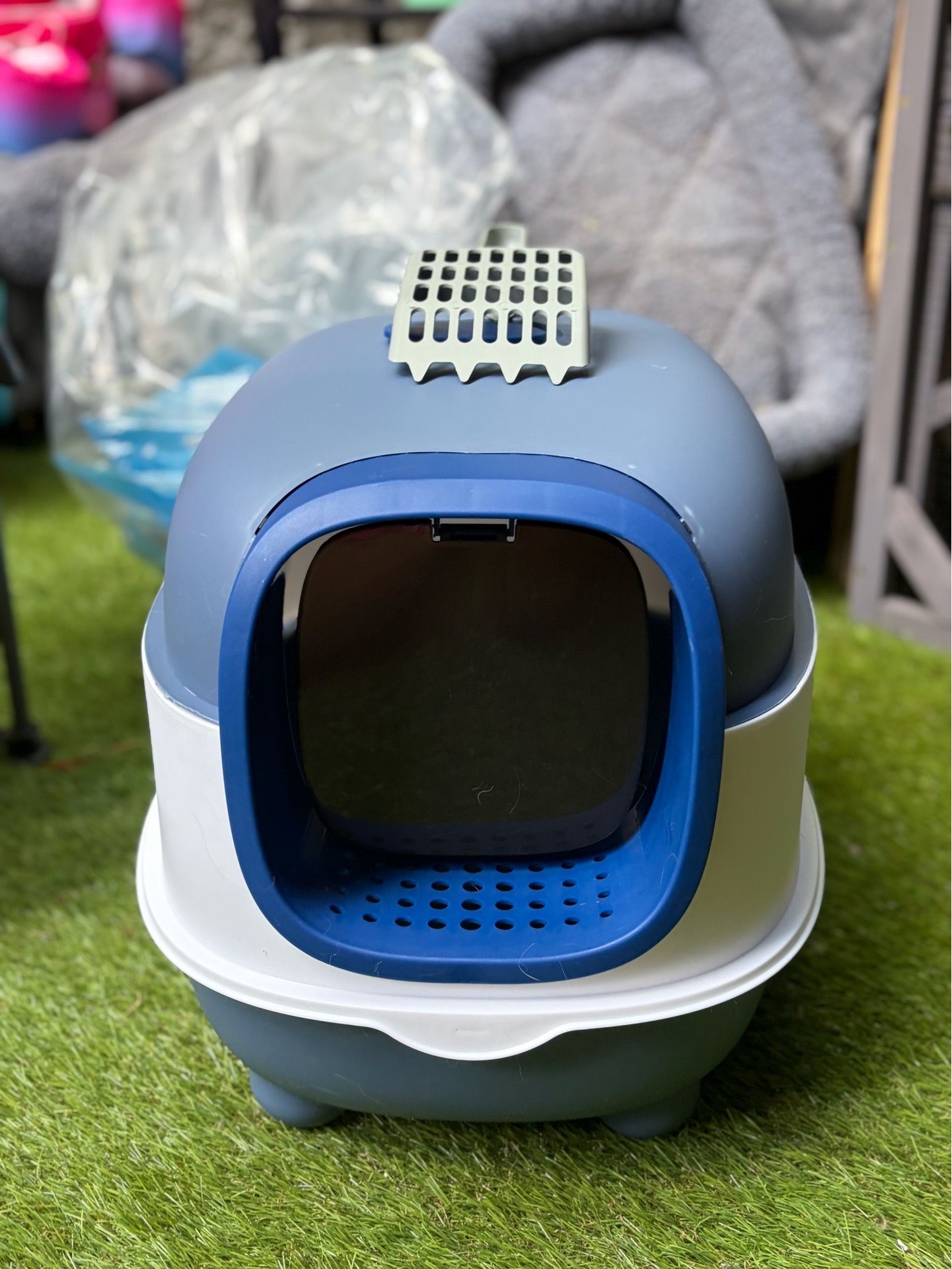 cute cat covered litter box with a scooper