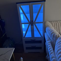 Display Case With LED lights,glass Cabinet With Drawers Adjustable Shelves Large Wooden Bookshelf Bookcase Multi-functional Storage Cabinets For Home 