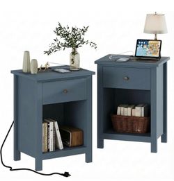 Blue Nightstand Set of 2 with Drawer and Shelf
