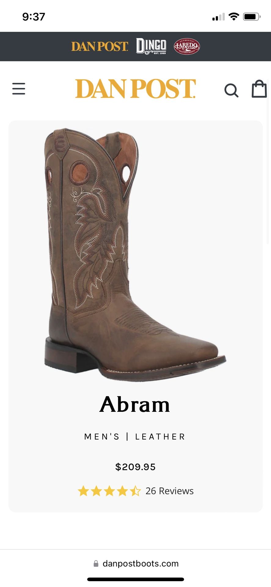 Dan Post Abram men’s leather cowboy western square toe boot size 9.5D