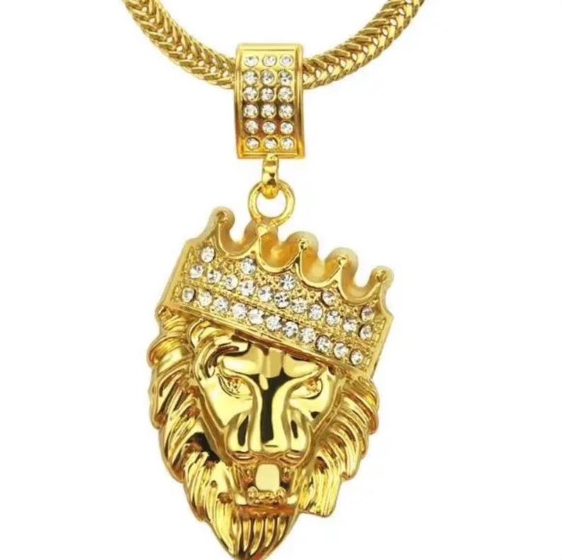 ✅🔥Hip Hop Gold Chain With Alloy And Bling CZ Crown Lion Head Pendant And Chain24inch✅🔥
