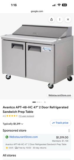 Avantco APT-48-HC 2 Door Refrigerated Sandwich Prep Table