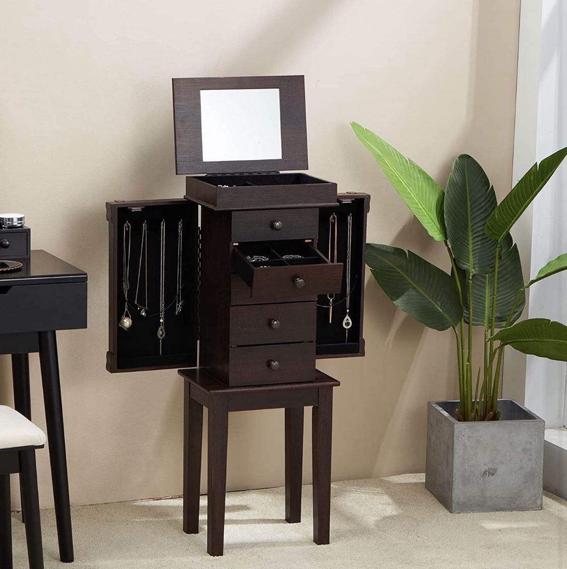 Free Standing Jewelry Armoire with Flip Top Mirror, 5 Drawers and 8 Necklace Hooks, Large Capacity Jewelry Storage Organizer with 2 Side Doors for Wom