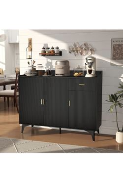 Gabinete con Cajones: 47" Negro Estriado Armario Aparador con Almacenamiento, Gabinetes de Cocina Modernos, Credenzas para Sala de Estar (47")