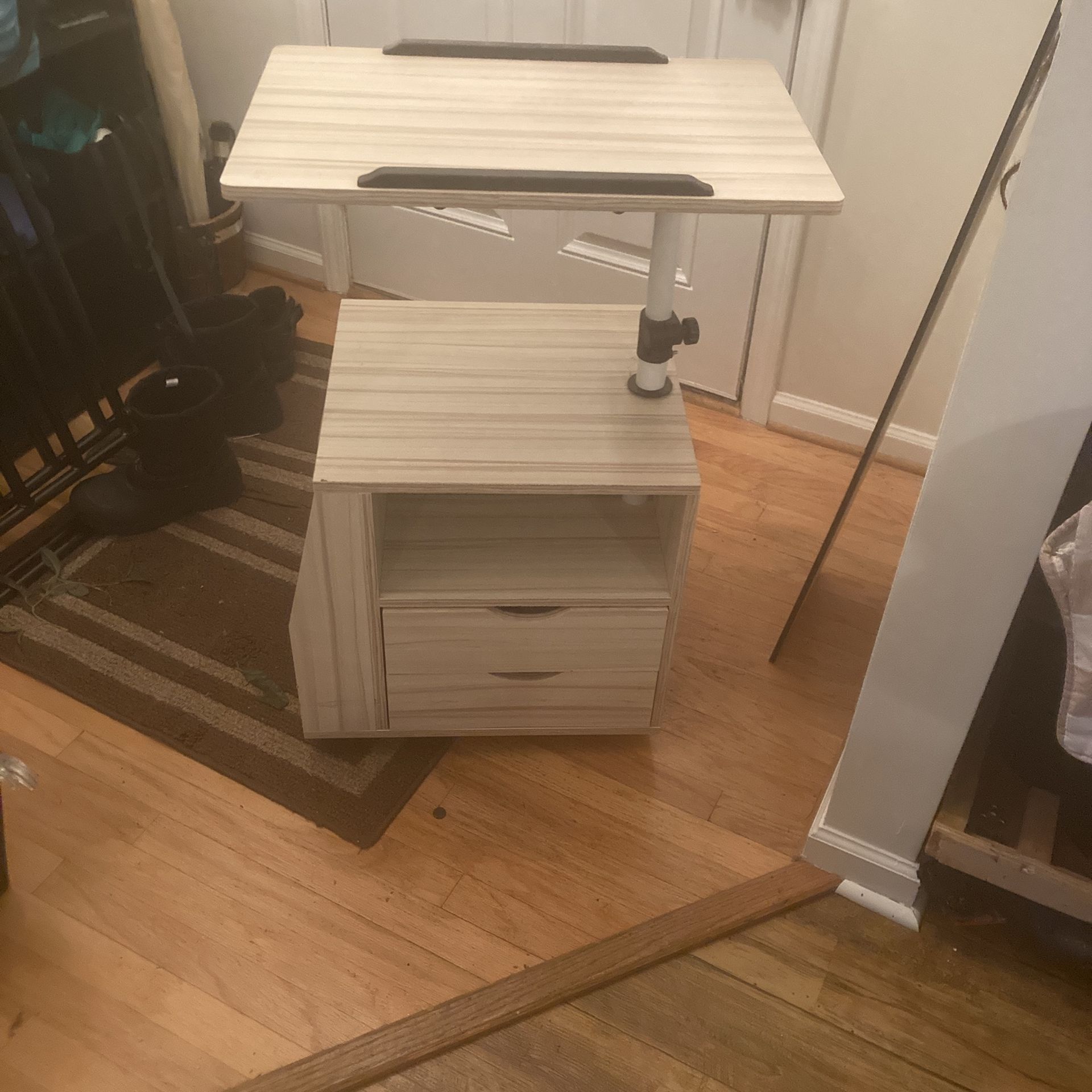Rolling Organizational Cart With Two Drawers And Swivel Pedestal Top Shelf