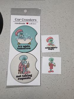 Handmade Squidward Car Coasters Set with Stickers