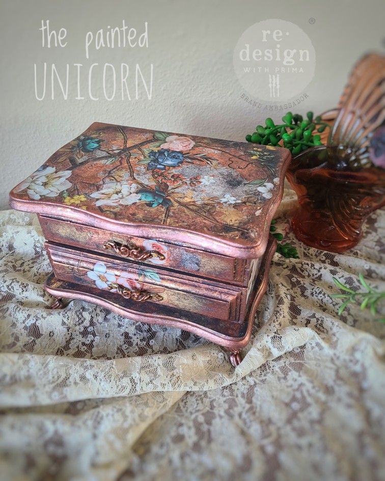 Metallic And Floral Refinished Jewelry Box 