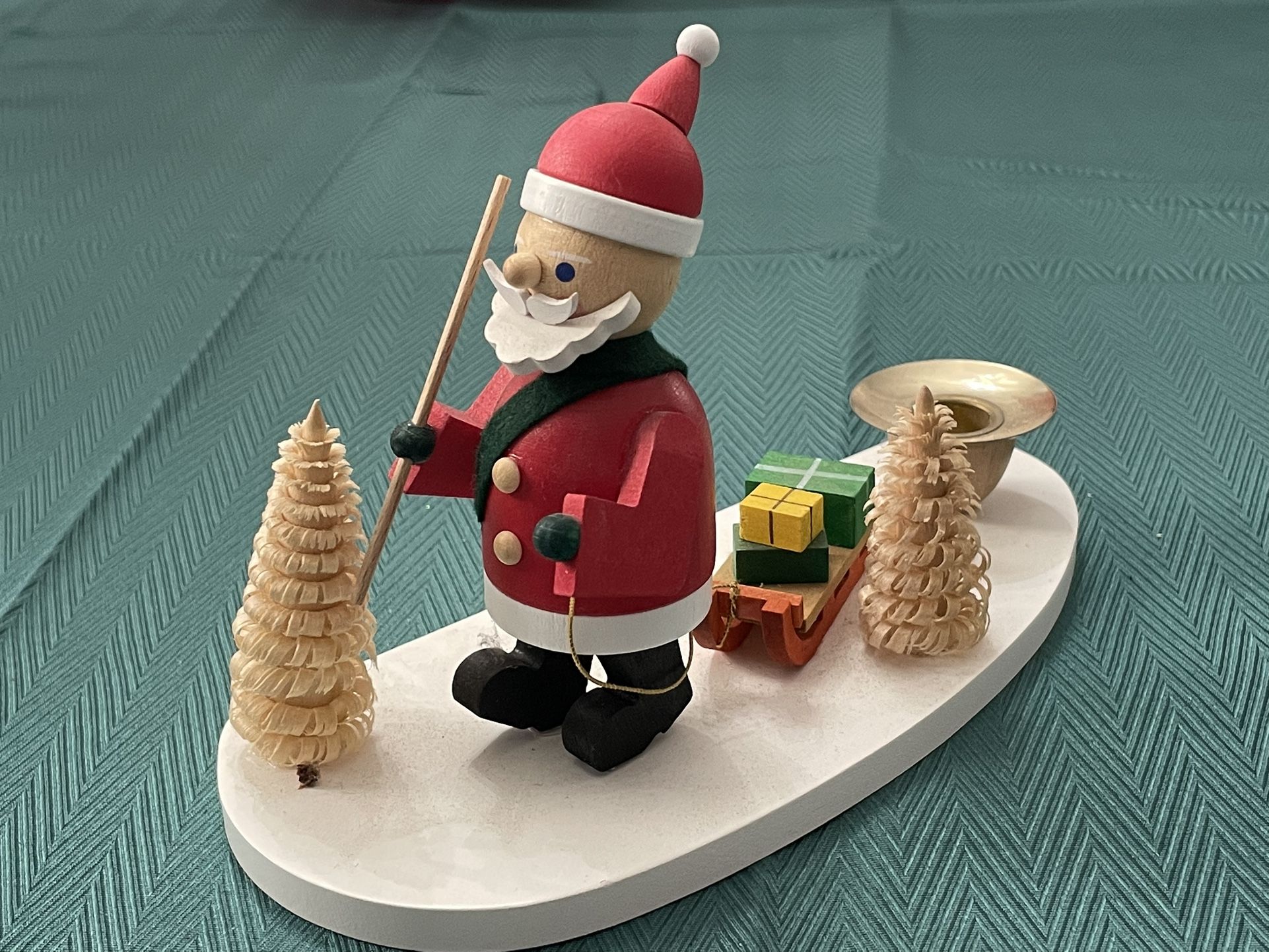 Erzgebirge wooden Santa Claus figurine with trees and sleigh. Made In Germany