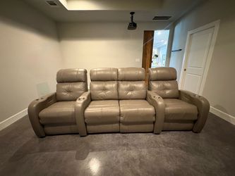 4 Gray Leather Power Reclining Home Theater Chairs – USB & Power Headrests