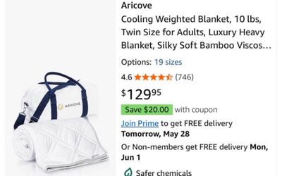 Aricove Cooling Weighted Blanket, 10 lbs, Twin Size