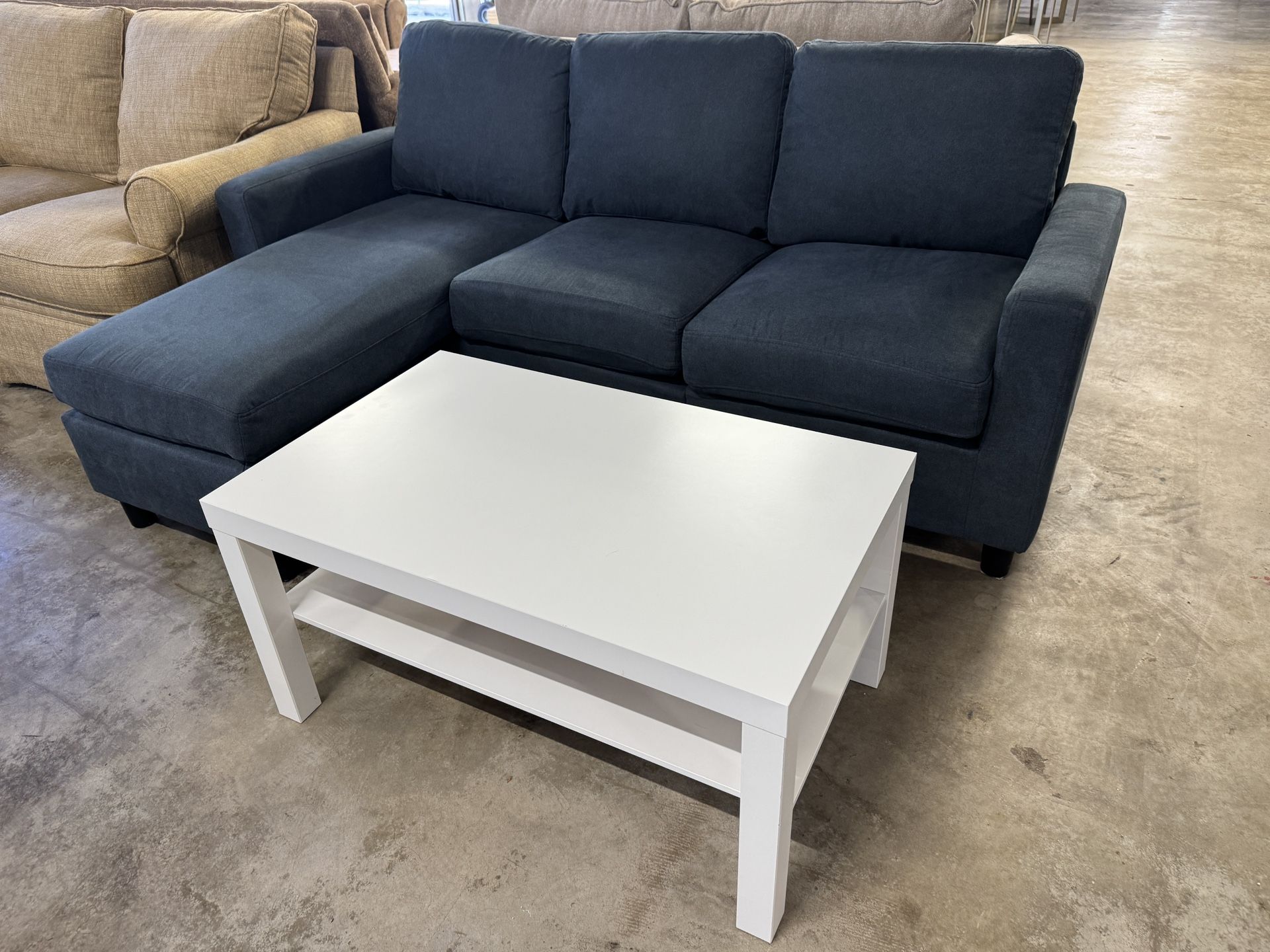Dark Blue Chaise Sofa and Coffee Table