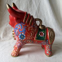 Hand painted Red Ceramic Pucara Bull 8.8" H Peruvian Sculpture