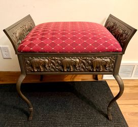 Vintage Upholstered Ornate Metal Accent Bench.