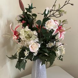 Faux Flowers & Vase: Pink Roses, Lilies