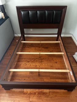 Queen bed frame, leather padded headboard