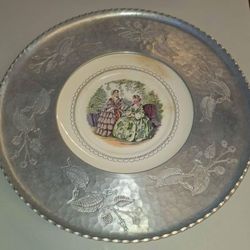 Vintage Farberware Platter Tray, Wrought Hammered Aluminum Tray Wrapped Ceramic Plate, Victorian Ladies, Brooklyn NY 16 3/4 Inch Diameter A54V924
