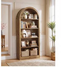 RY0475 70.86 Inch Farmhouse Brown Solid Wood 5-Tier Arched Bookcase Open Display Shelf for Living Room Bedroom Home Office