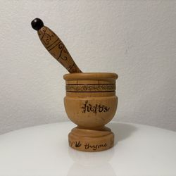 Mortar & Pestle Hand Carved Wood Herbs Signed