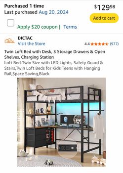 Twin bed frame, has desk, shelves and drawers