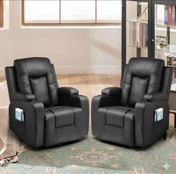 2 Black Faux Leather electric Recliner Chair with Cup Holders and massage and heat functions