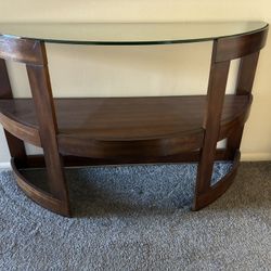 Half Circle Glass And Wood Table For Sale