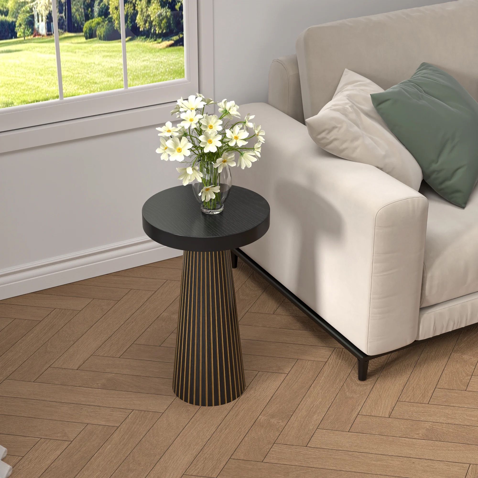 Side Table, Small Round End Table with Fluted Accent, Mid-Century Modern Nightstand for Small Space Living Room, Bedroom