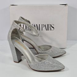 Dream Pairs COCO Silver Glitter Pointed Toe Block Heel Ankle Strap Pumps 8.5