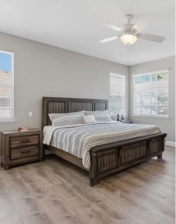 Dark Gray / Brown Wood King Bed Frame $525
