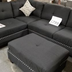 Brand New 104" x 75" Black Linen Reversible Sectional + Ottoman