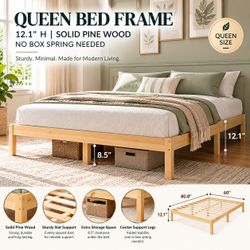Queen 12.1" H. wooden bed frame Pine No boxspring needed.