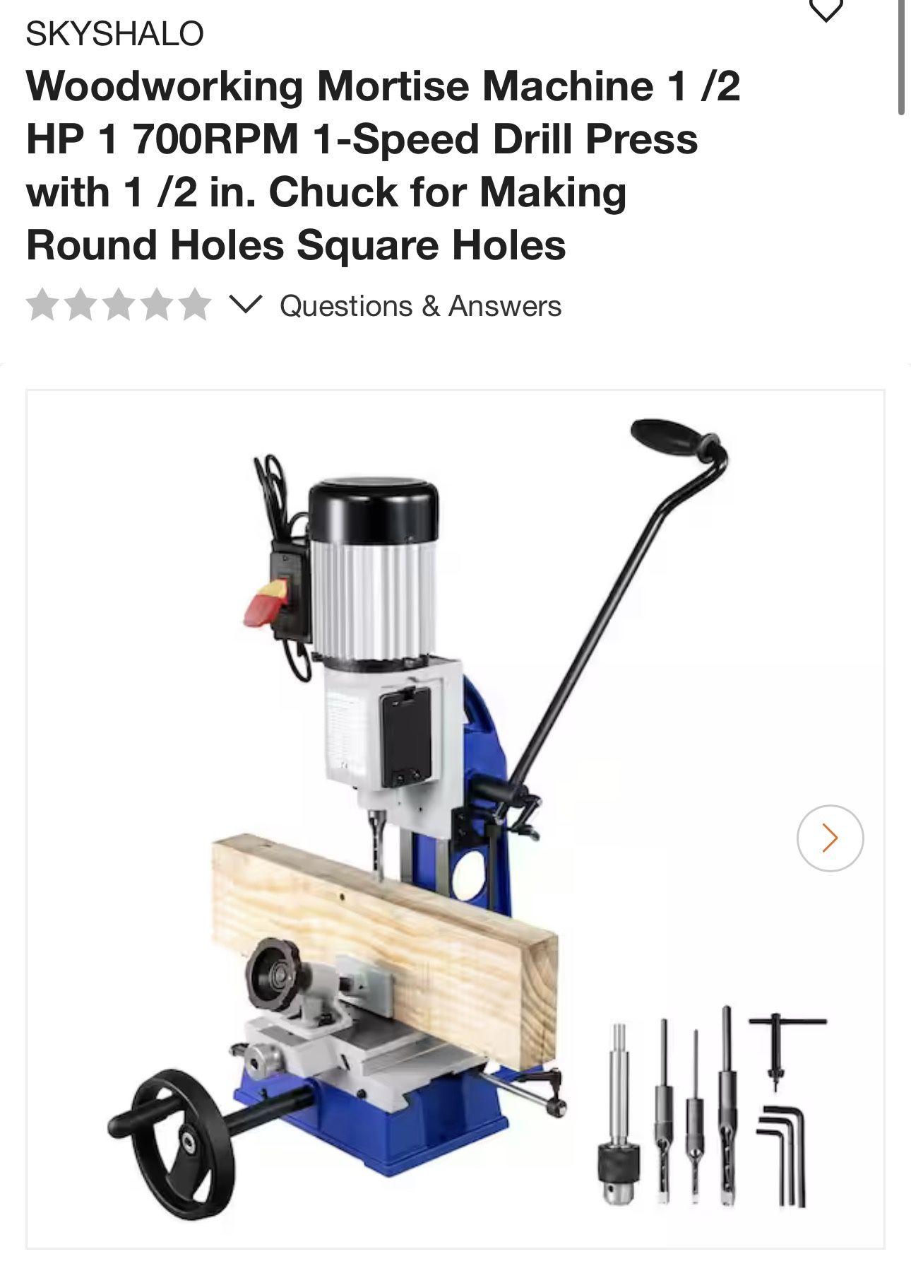 Woodworking Mortise Machine 1 /2 HP 1 700RPM 1-Speed Drill Press with 1 /2 in. Chuck for Making Round Holes Square Holes