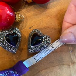 Vintage onyx and sterling silver Judith Jack clip on heart earrings