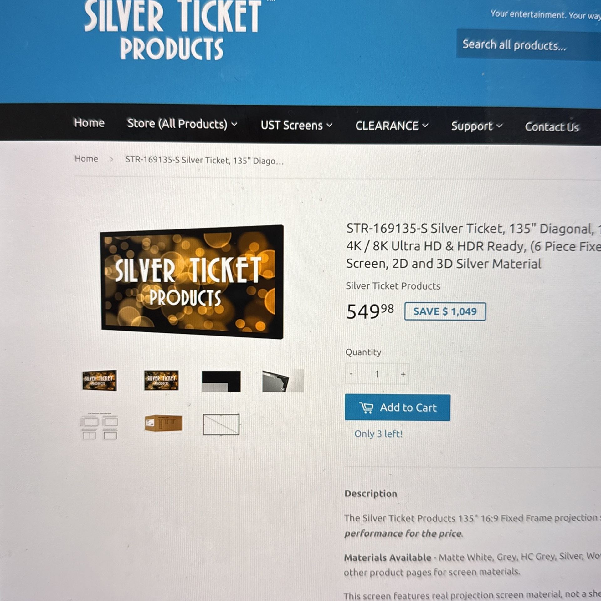 Silver Ticket 135" fixed frame screen