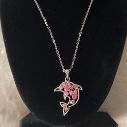 SilverTone  24” Necklace And Dolphin Pendant With Pink Crystals 