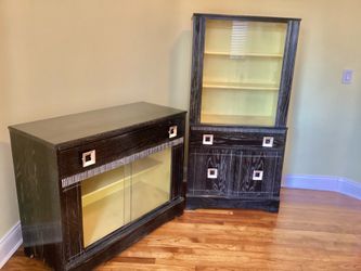 1950 Dining Room Buffet - Sideboard + Glass Cabinet Black Viennese Style Wood Furniture Modernist Hardware