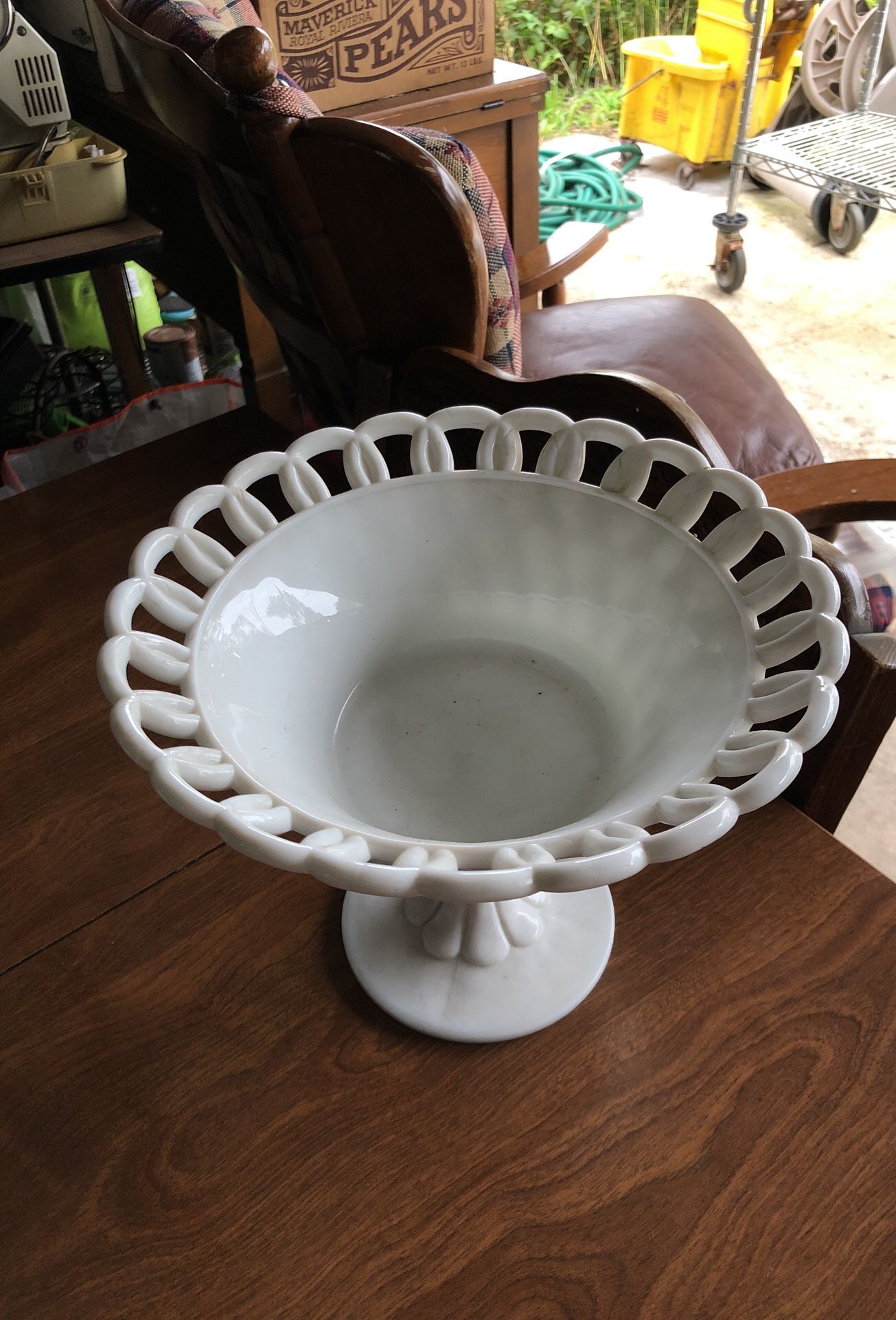 White glass 12by12 cut glass fruit or candy holder.