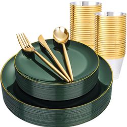 148  Green Plastic Plates - Green and Gold Disposable Include 25 Each (Dinner & Dessert) Plates, 25 Knives, 25 Forks, 25 Spoons and 25 Cups, I