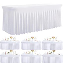 Outpain 6Pack White Spandex Table Clothes For 6 Foot Rectangle Tables-6FT Wrinkle Free Fitted Tablecloths With Skirt For Parties, Wedding, Birthday, B