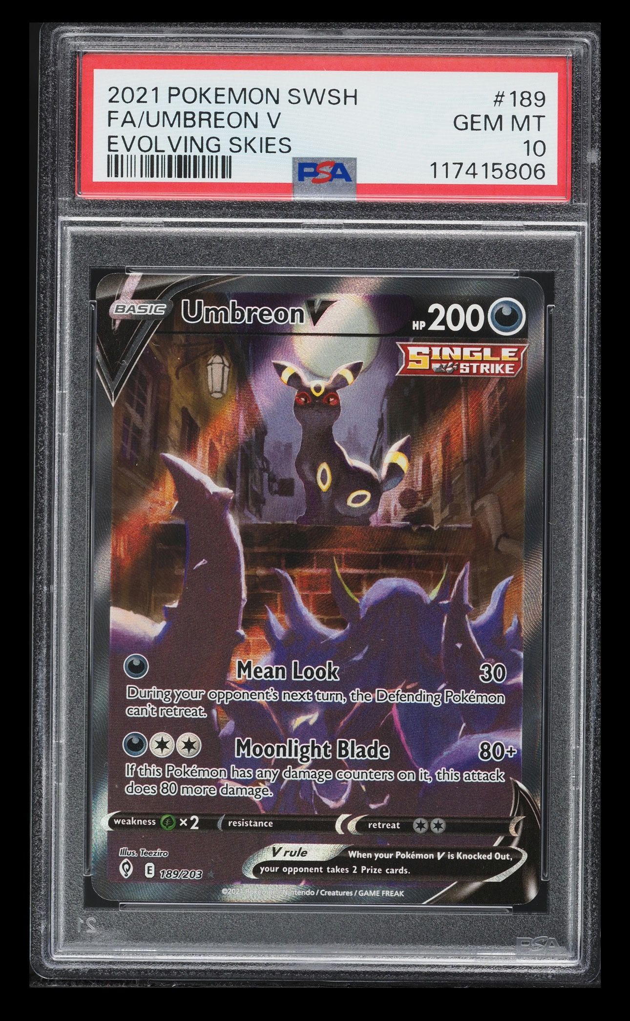 2021 Pokemon Sword & Shield Evolving Skies Alt Art Umbreon V #189 PSA 10 GEM MINT