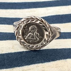 Vintage 925 Sterling Silver Angel Coin Ring Size 7,75 Rare